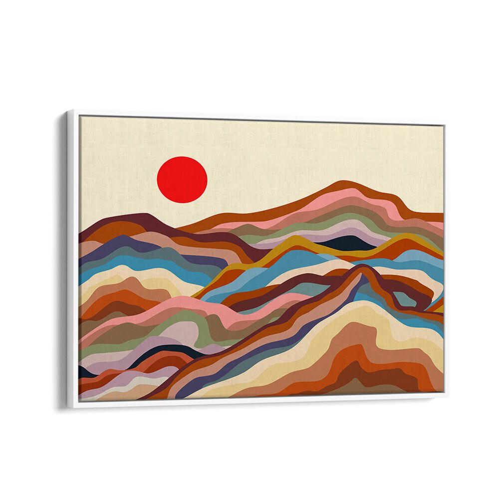 Colorful abstract mountains under a red sun, perfect for home decor, featuring EARTHEN MAJESTY, LANDSCAPE PAINTINGS.