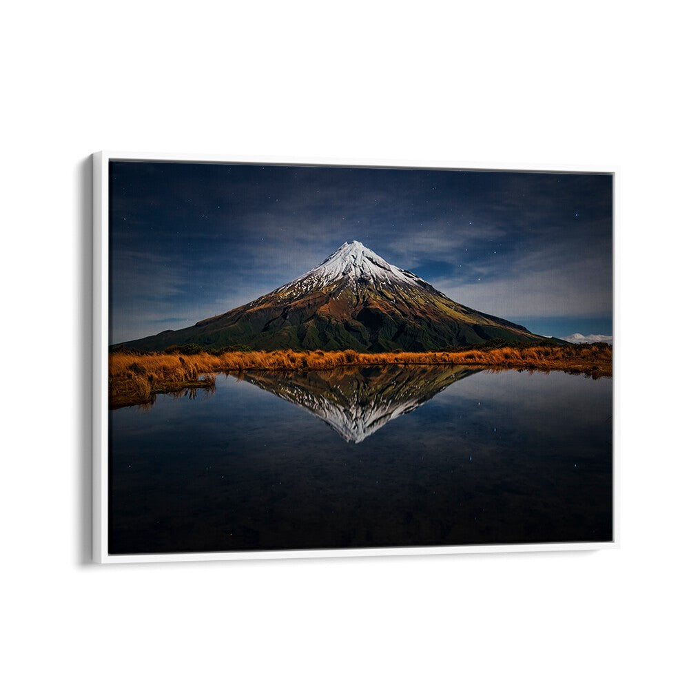 Stunning MOUNT TARANAKI - A STARRY NIGHT, PHOTOGRAPHY PRINTS showcasing a serene reflection under a starry sky.