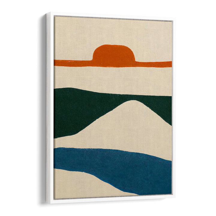PUESTA DEL SOL , ABSTRACT PAINTINGS with bold orange sun and layered earth tones in a modern minimalist style.