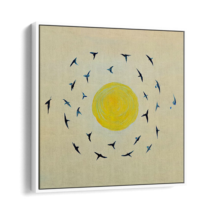 FLY AWAY WITH ME , KIDS ROOM PAINTINGS showing birds circling a bright yellow sun, perfect for creative kids’ spaces.