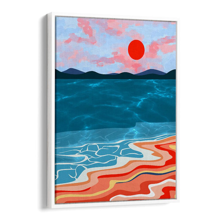 Vibrant COASTAL HUES, BEACH PAINTINGS artwork depicting serene ocean waves and sunset, perfect for coastal decor.