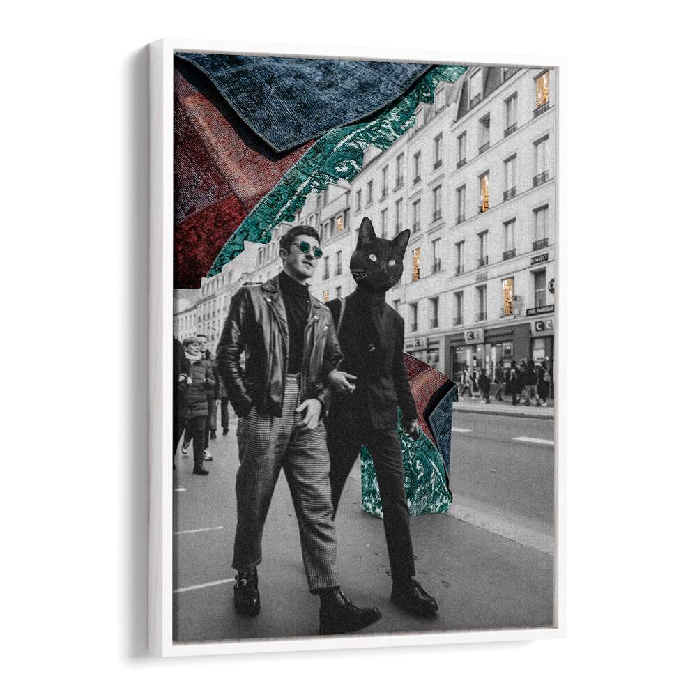 Surreal art print "CAT IN CITY" features unique urban style, perfect for modern cat lovers. Transform your space today!