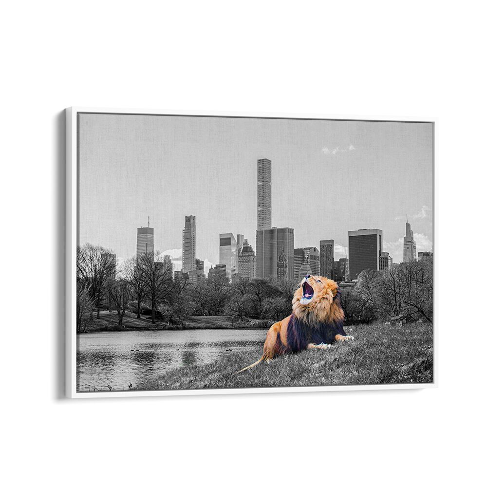 Bold lion in foreground with NYC skyline, embodying the spirit of NEW YORK ROAR, ANIMAL PAINTINGS collection.