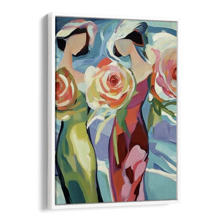 Elegant artwork featuring TWO WOMEN WITH ROSES, celebrating beauty and friendship in vibrant colors. Perfect for any space.