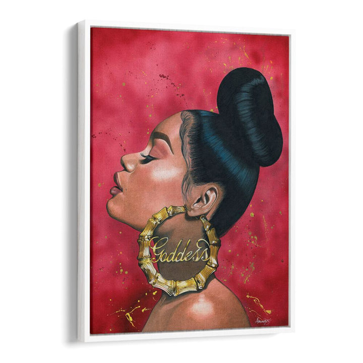 Elegant profile of a woman with bold earrings, showcasing GODDESS, AFRICAN ART PAINTINGS for empowerment and grace.