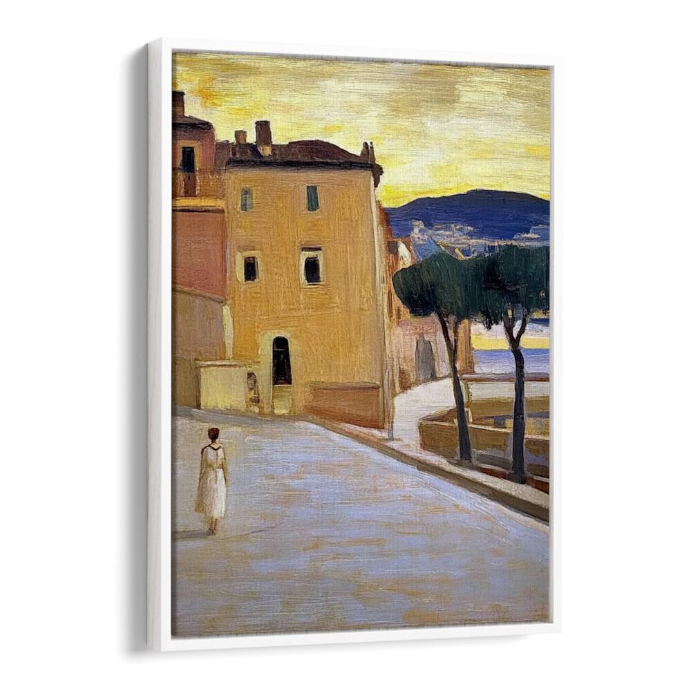 Captivating artwork featuring a woman walking down a street, blending modern aesthetics with classic charm.