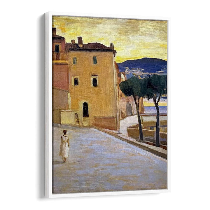 Captivating artwork featuring a woman walking down a street, blending modern aesthetics with classic charm.