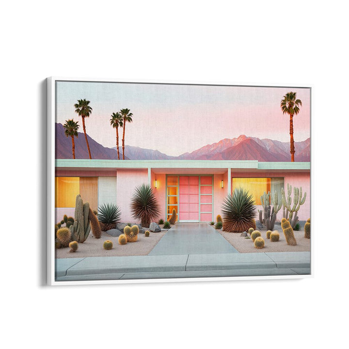 Vibrant RETRO PALM SPRINGS, BEACH PAINTINGS showcasing a stylish desert home with palm trees and mountains in the background.