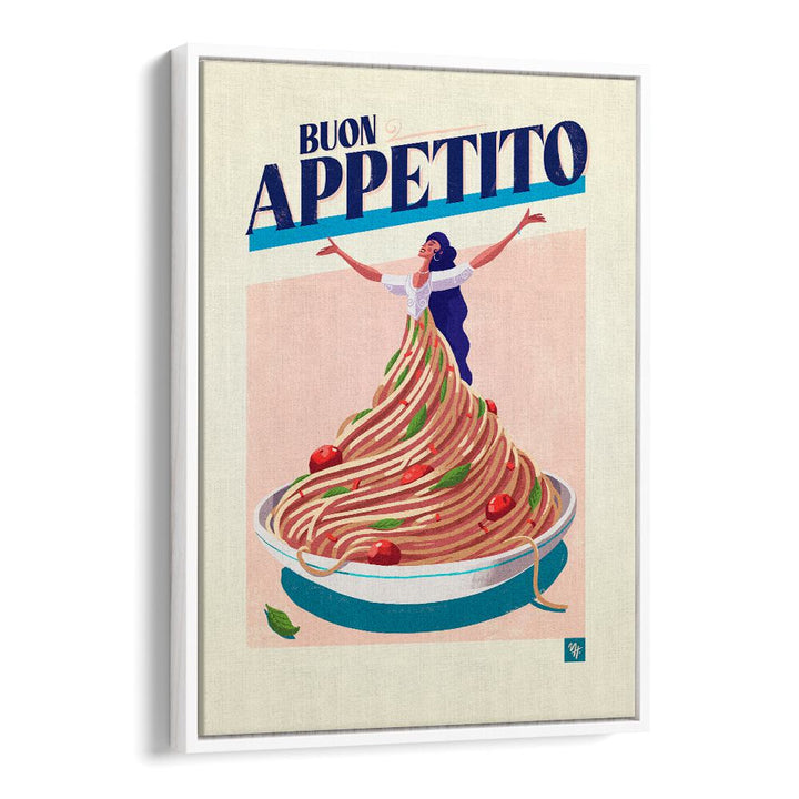 Colorful BUON APPETITO I, BAR & CAFE ART featuring a woman joyfully embracing a mound of spaghetti with fresh ingredients.
