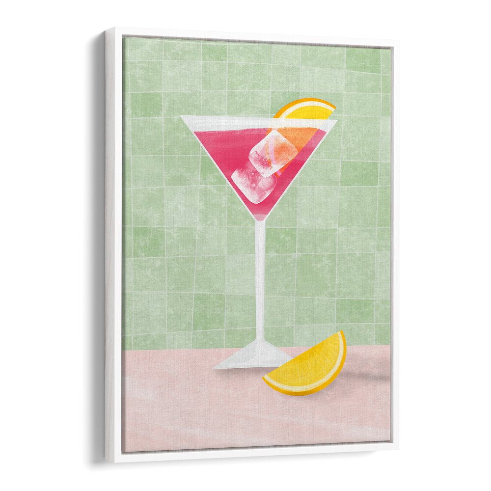 Colorful PINK COCTAIL II, BAR art featuring a vibrant cocktail on a green background, perfect for cafe decor.