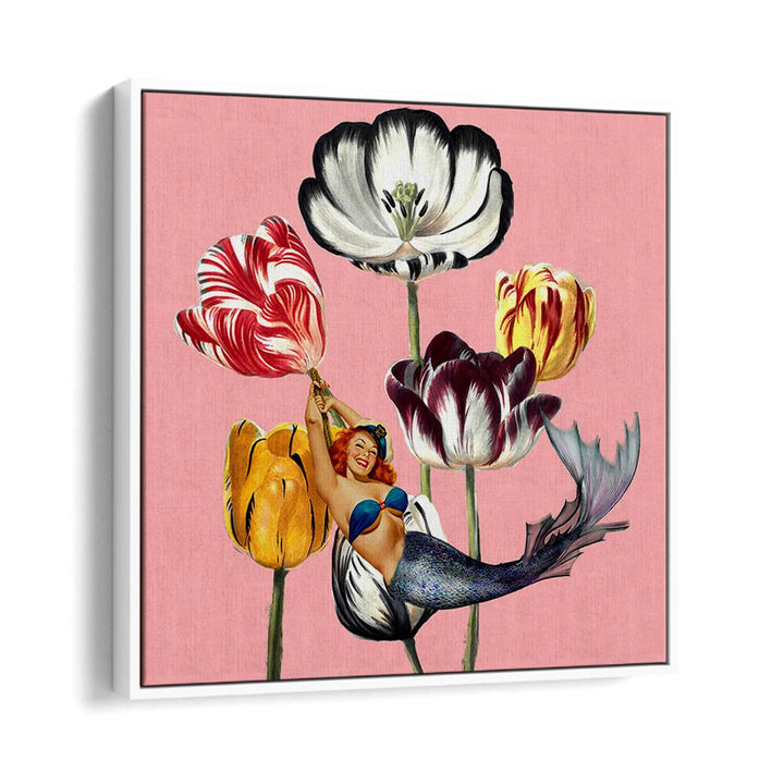 Vibrant MERMAID ON EARTH, PORTRAITS artwork features a whimsical mermaid among colorful tulips, perfect for enchanting decor.