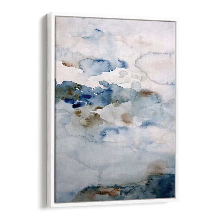 Abstract watercolor in soft blues and browns, titled UP IN THE CLOUDS III, perfect for sophisticated decor.