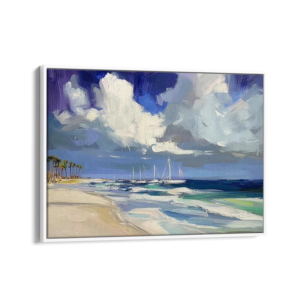 SAILBOATS ON THE BEACH II artwork showcases serene sailboats gliding across tranquil waters, perfect for coastal decor.