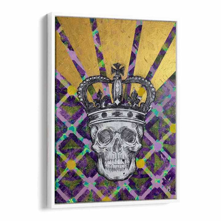 Vibrant MEMENTO MORI 4.0, POP ART PAINTINGS featuring a crowned skull, merging art and philosophy beautifully.