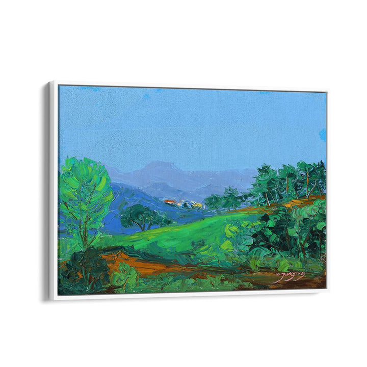 Vibrant GREEN HILLSIDE, LANDSCAPE PAINTINGS showcasing lush greenery under a bright blue sky, perfect for any decor.