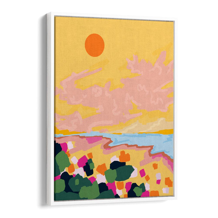 Bright and colorful SUN EMBRACE, LANDSCAPE PAINTINGS capture a serene sunset with vibrant flora, perfect for any decor.