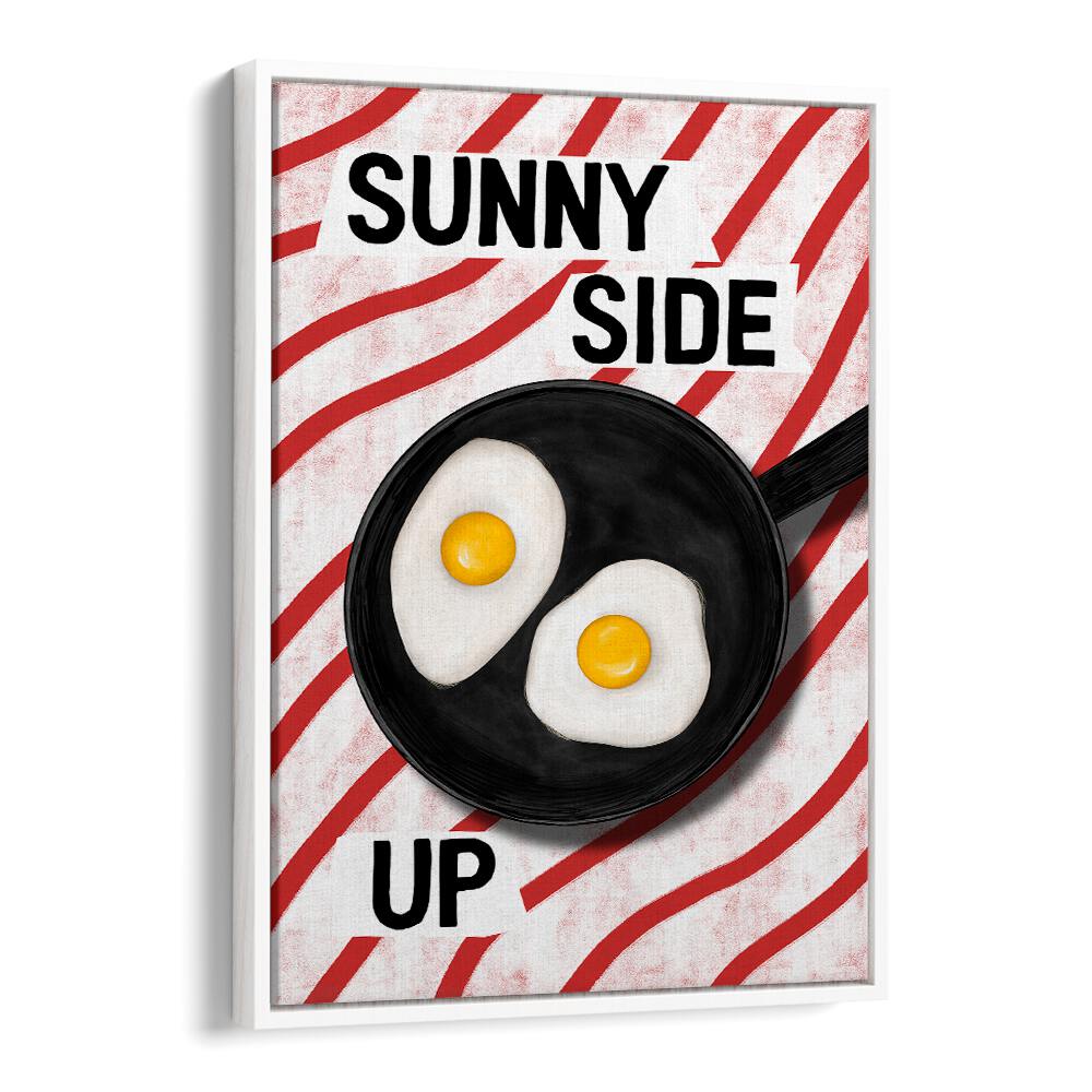 Colorful SUNNY SIDE UP, BAR art featuring fried eggs in a skillet, perfect for cafe decor.
