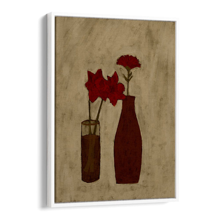 Elegant BLOSSOM BLEND, FLORAL FLOWER PAINTINGS featuring vibrant red flowers in unique vases, perfect for home decor.