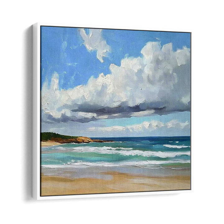 CLOUDY DAY AT THE BEACH artwork captures serene coastal beauty, perfect for enhancing your beach decor collection.
