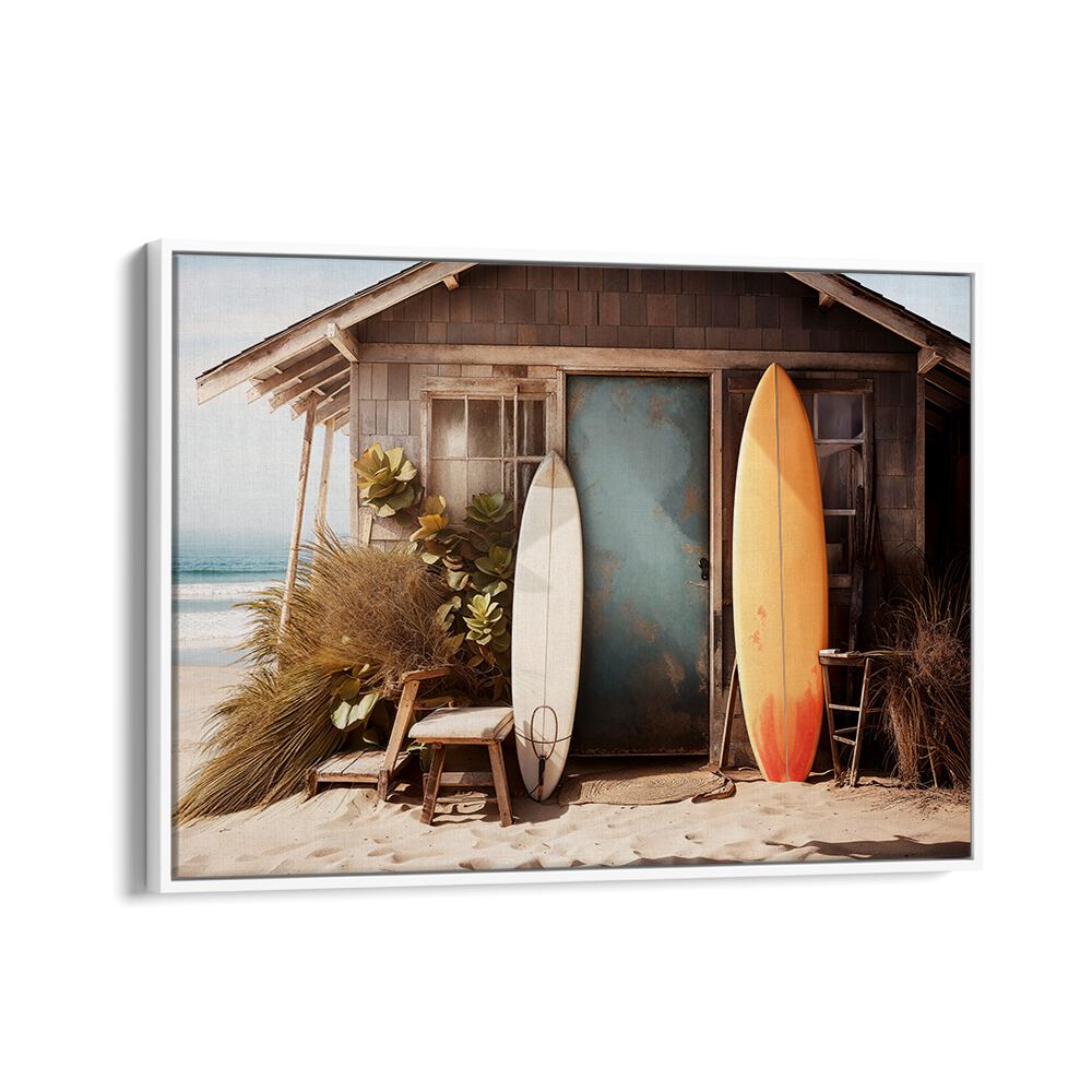 Rustic beach scene featuring surfboards and a charming cottage, embodying VINTAGE VIBRANCE, BEACH PAINTINGS by Philippe Hugonnard.
