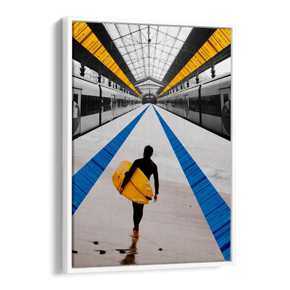 Surreal art print titled METRO featuring a surfer walking through a vibrant train station, perfect for stylish decor.