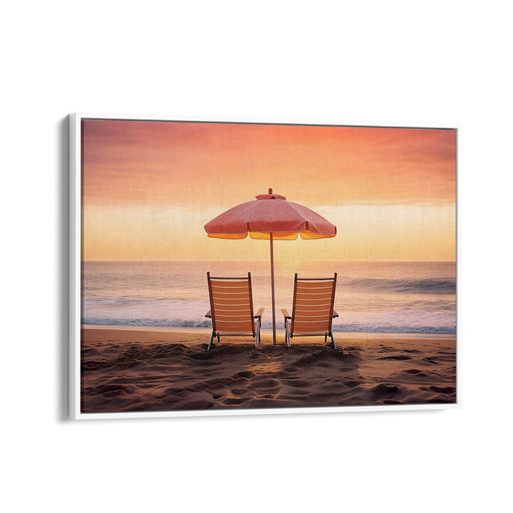 Serene sunset scene with chairs and an umbrella, showcasing BOTH FACING THE OCEAN, BEACH PAINTINGS by Philippe Hugonnard.