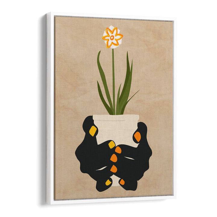 HOLDING HOPE, FLORAL FLOWER PAINTINGS features hands cradling a vibrant flower pot, symbolizing resilience and inspiration.