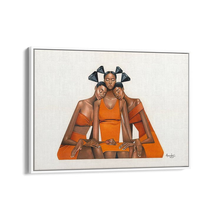 Three women in elegant orange attire symbolize empowerment in BLACKDIAMOND(SISTERHOOD), AFRICAN ART PAINTINGS.