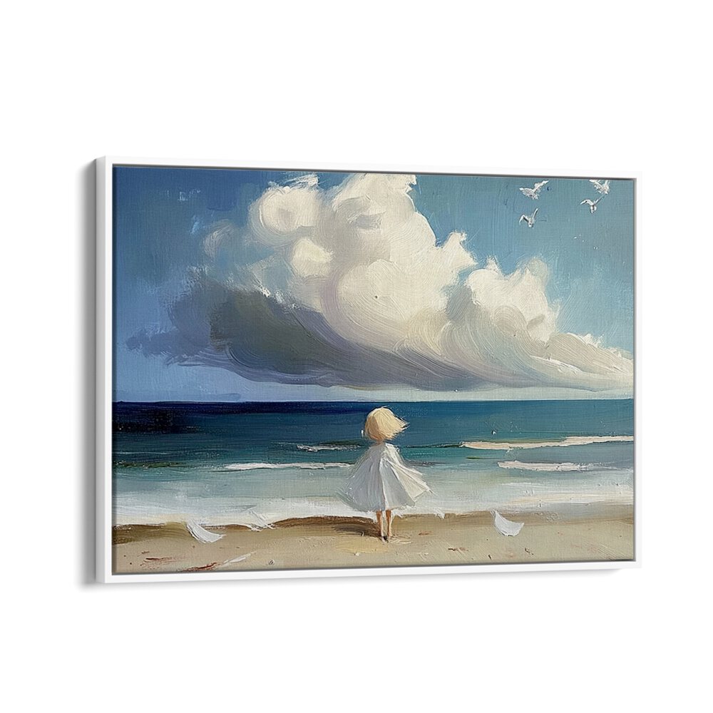 Whimsical LITTLE GIRL ON THE BEACH artwork capturing childhood joy, perfect for adding charm to any home decor.