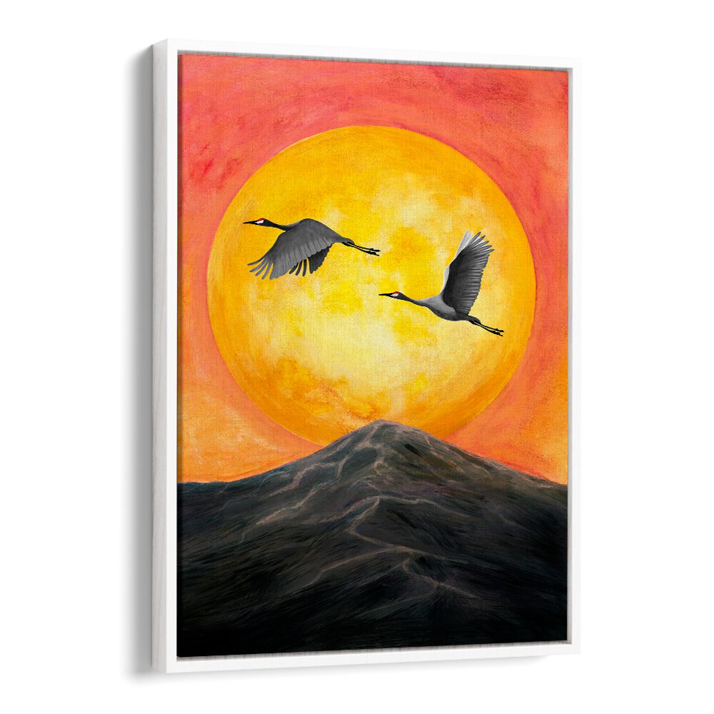 Vibrant sunset with flying cranes in "ON OUR WAY, LANDSCAPE PAINTINGS" for a stunning wall accent.