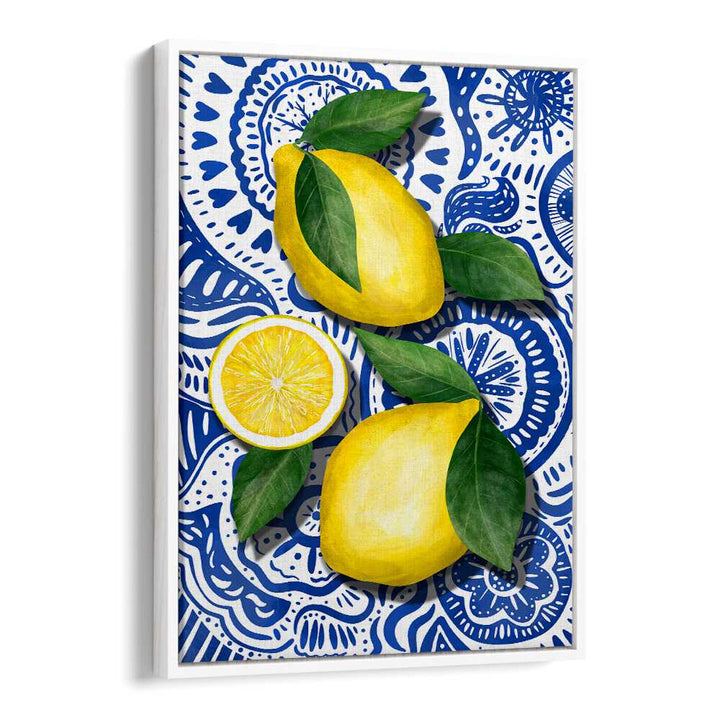Bright yellow lemons on a blue patterned background, perfect for LIMONES, KITCHEN POSTERS to enhance any kitchen decor.