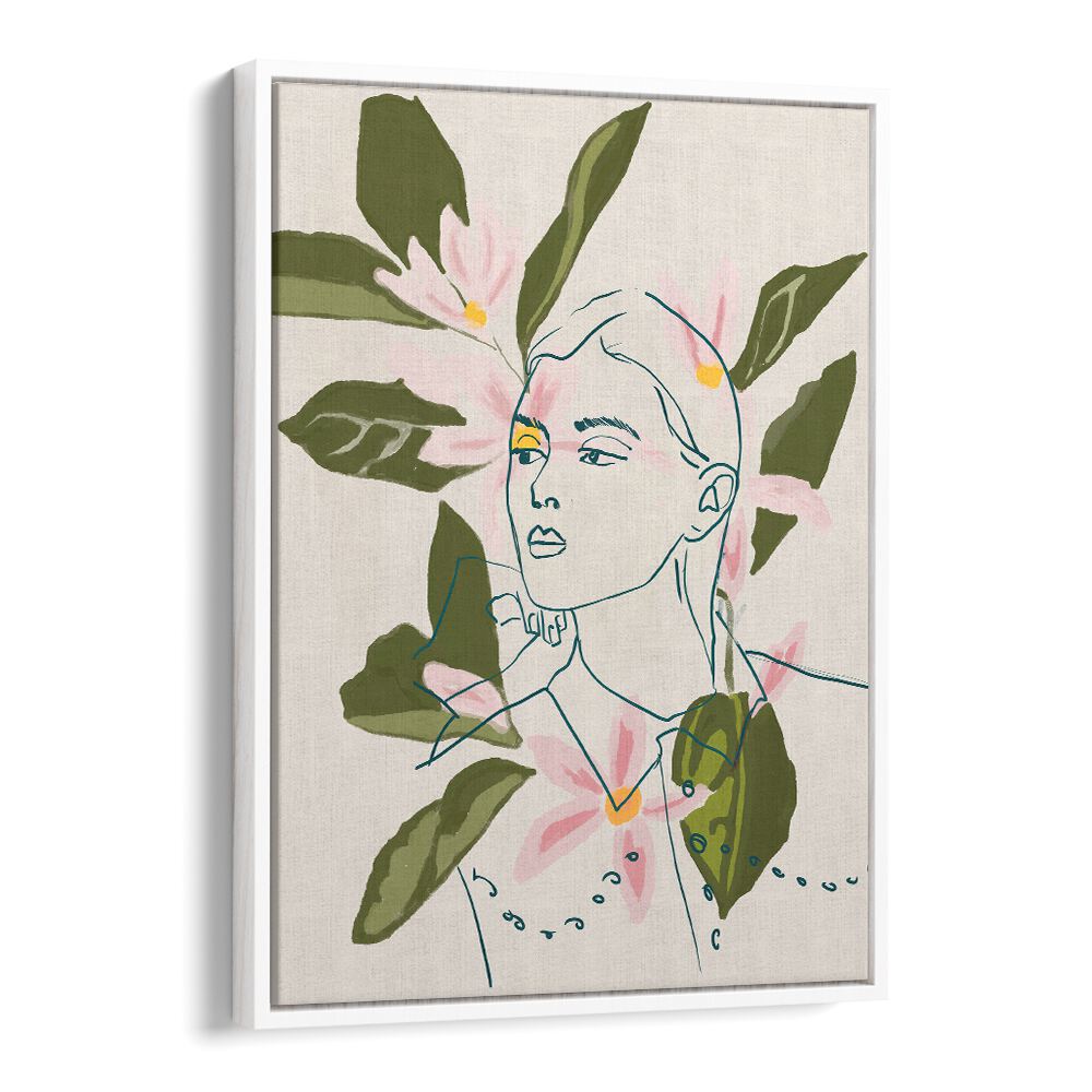 Elegant FLORAL REFLECTION, PORTRAITS artwork features a striking human form entwined with delicate floral motifs.