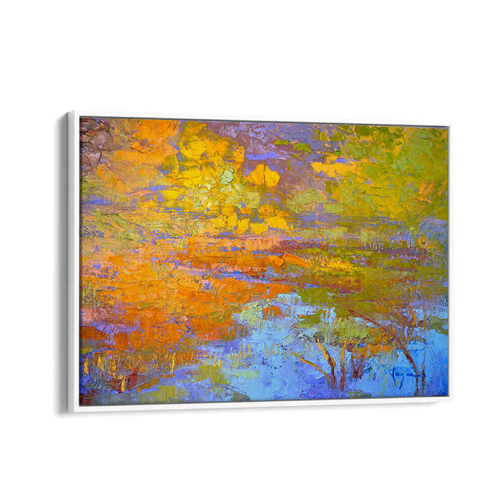 AUTUMN'S PALETTE , LANDSCAPE PAINTINGS — textured autumn landscape in warm golds and blues, WhiteFloater