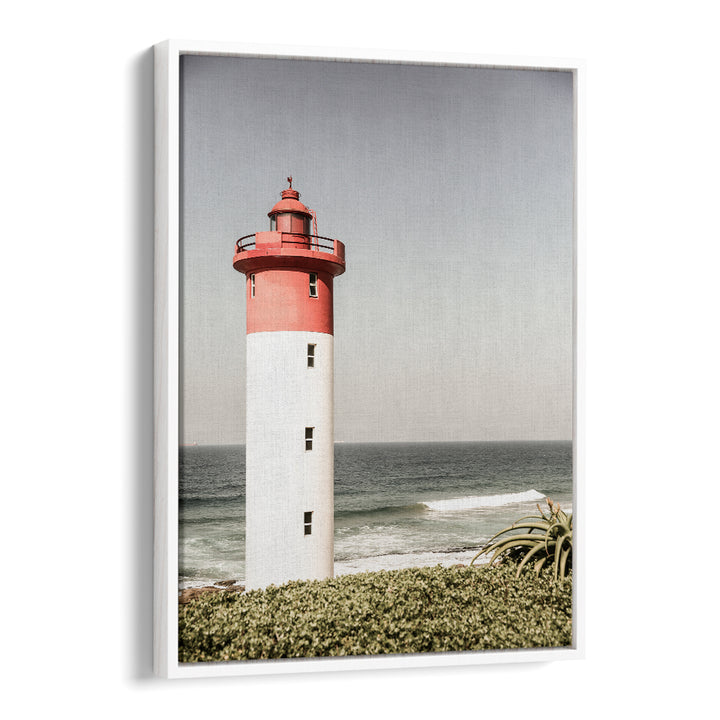 BEACON BY THE SEA , BEACH PAINTINGS White Floater art: red-topped lighthouse overlooking ocean waves and sand