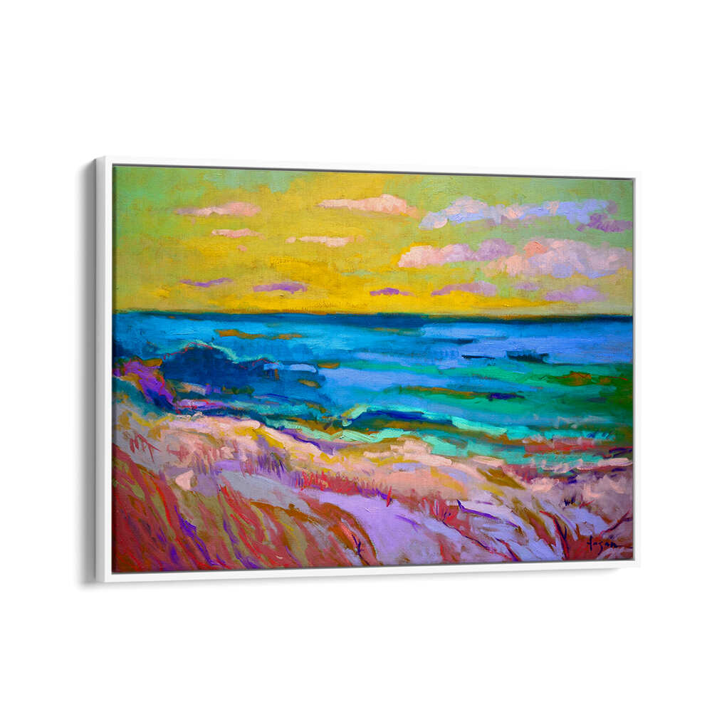 White Floater COASTAL  SUNSET , LANDSCAPE PAINTINGS showing vibrant seaside sunset, dunes, gentle waves and a glowing twilight sky
