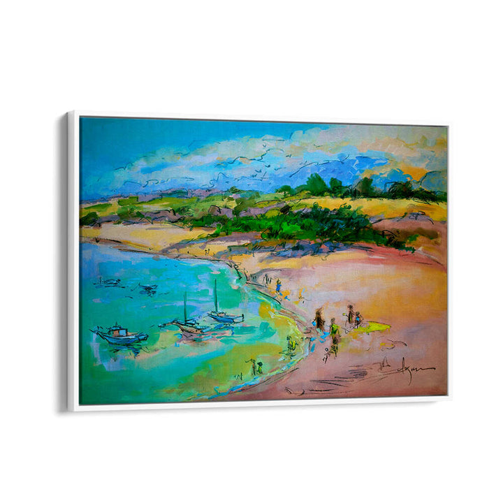 WHITEFLOATER COASTAL SERENITY , LANDSCAPE PAINTINGS pastel shoreline with sailboats in turquoise bay and dune greenery
