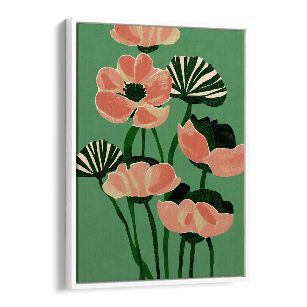 CORAL POPPIES ON GREEN , FLORAL FLOWER PAINTINGS