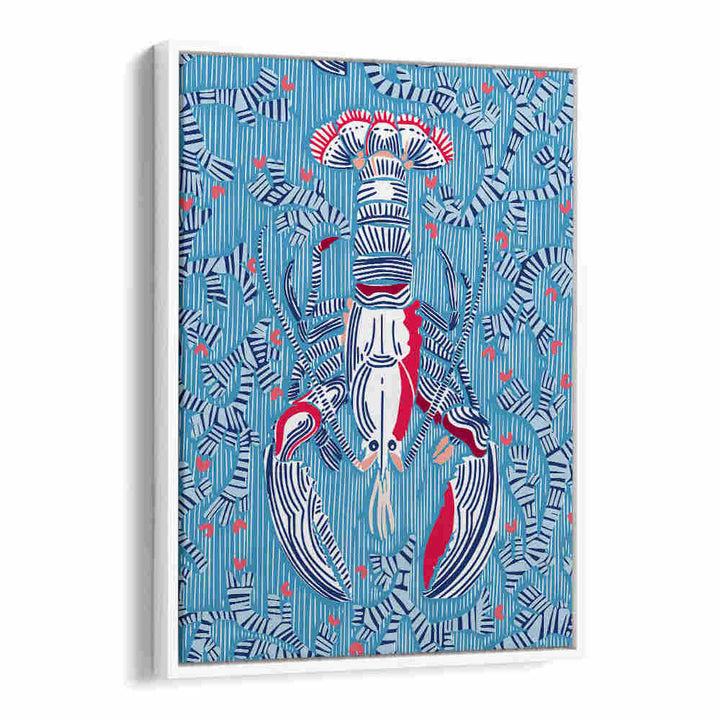 Vibrant CRUSTACEAN Beach PAINTINGS showcasing a lobster against a blue background, perfect for coastal decor.