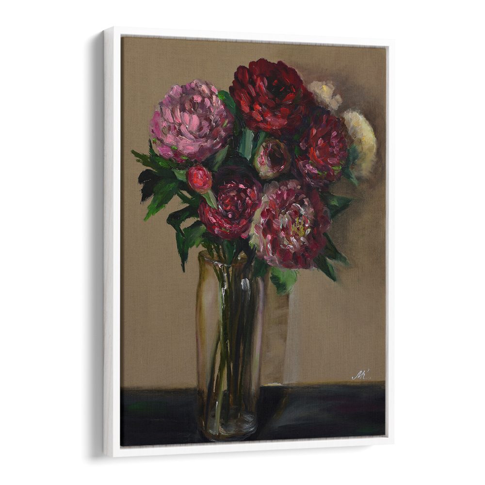 DARK RED PEONIES IN GLASS VASE