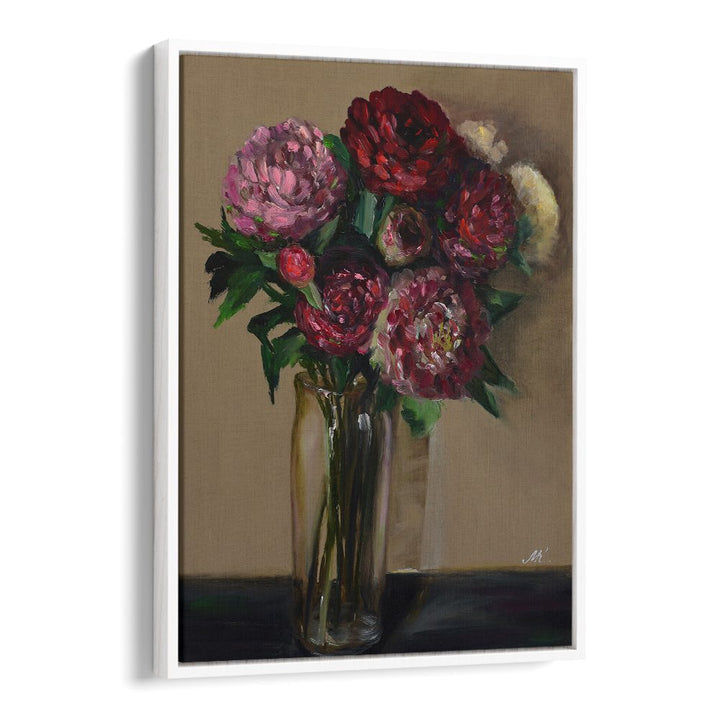 DARK RED PEONIES IN GLASS VASE