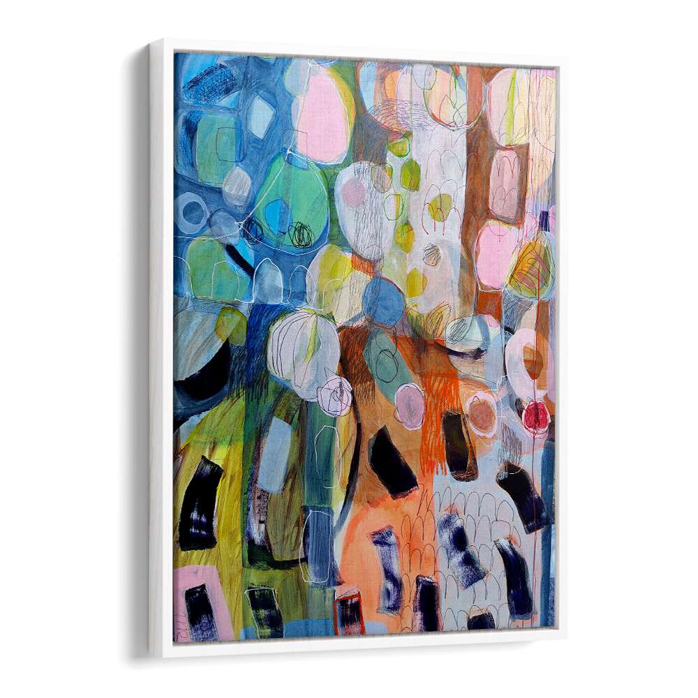 Colorful abstract acrylic painting, ELEMENTS ORGANISEES V, enhances any space with dynamic earth tones and unique brushwork.