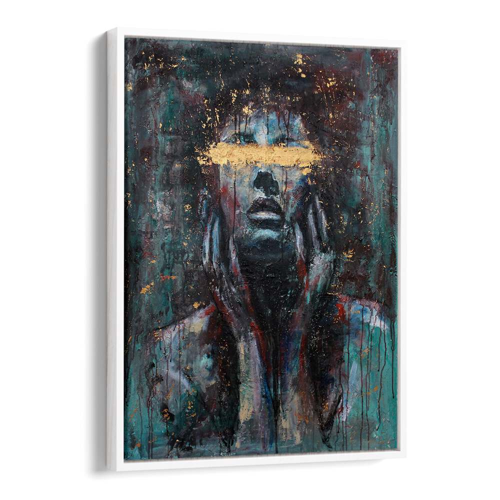 Captivating ENLIGHTENED, PORTRAITS featuring an expressive figure with gold accents, perfect for modern decor.