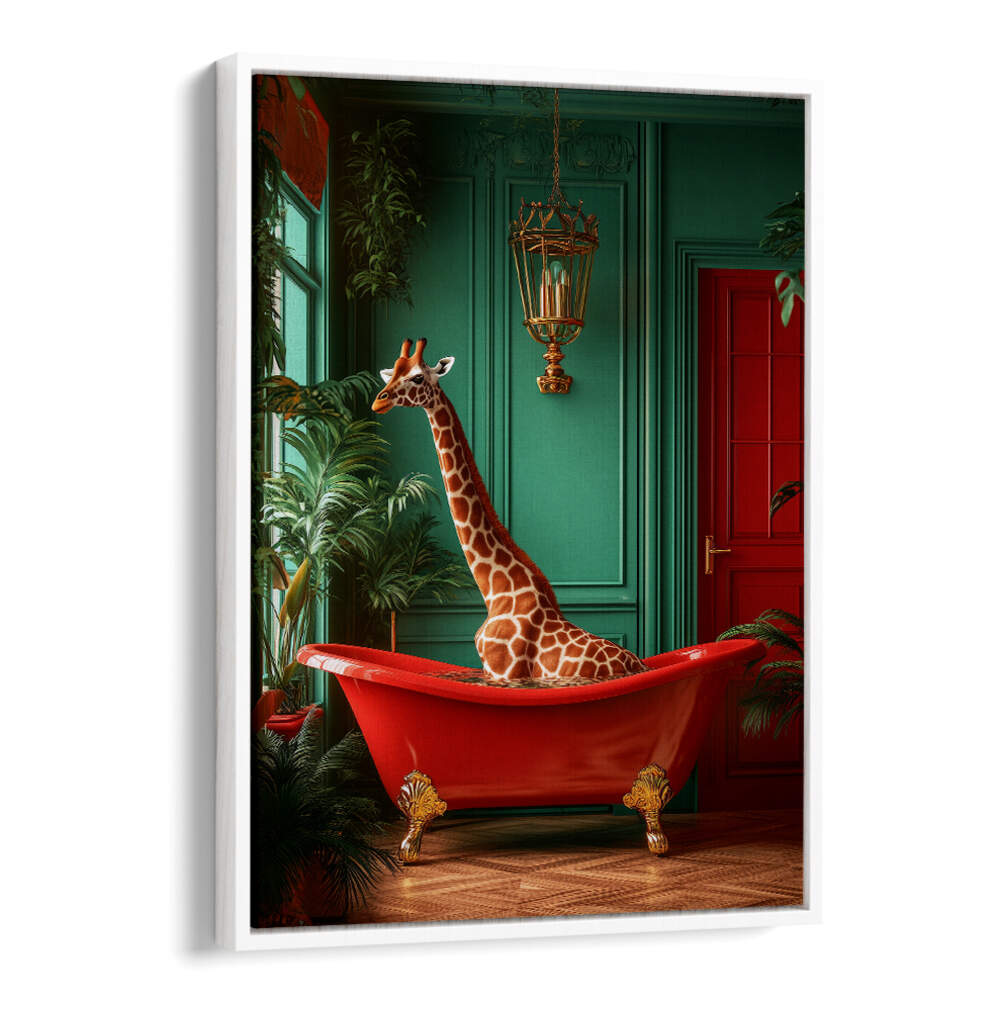 GIRAFFE IN THE BATHTUB TROPICAL ANIMALS , BATHROOM ART PRINTS