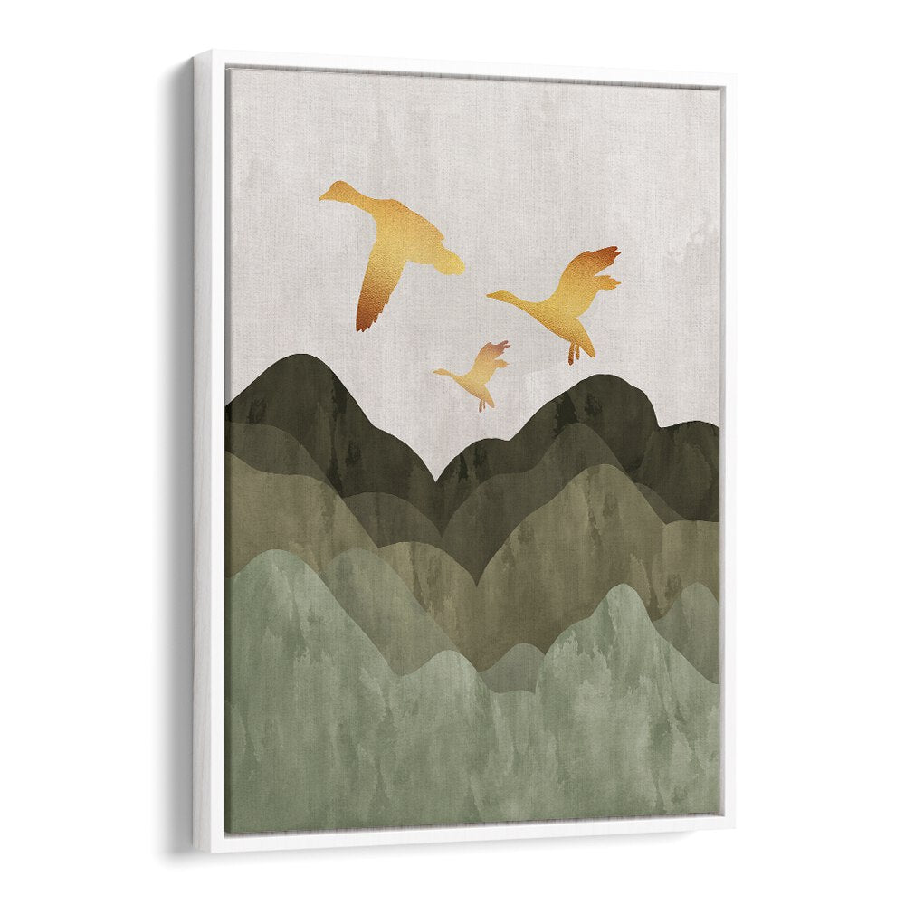 Golden birds flying over serene mountains in beautiful landscape paintings, perfect for enhancing your living space.