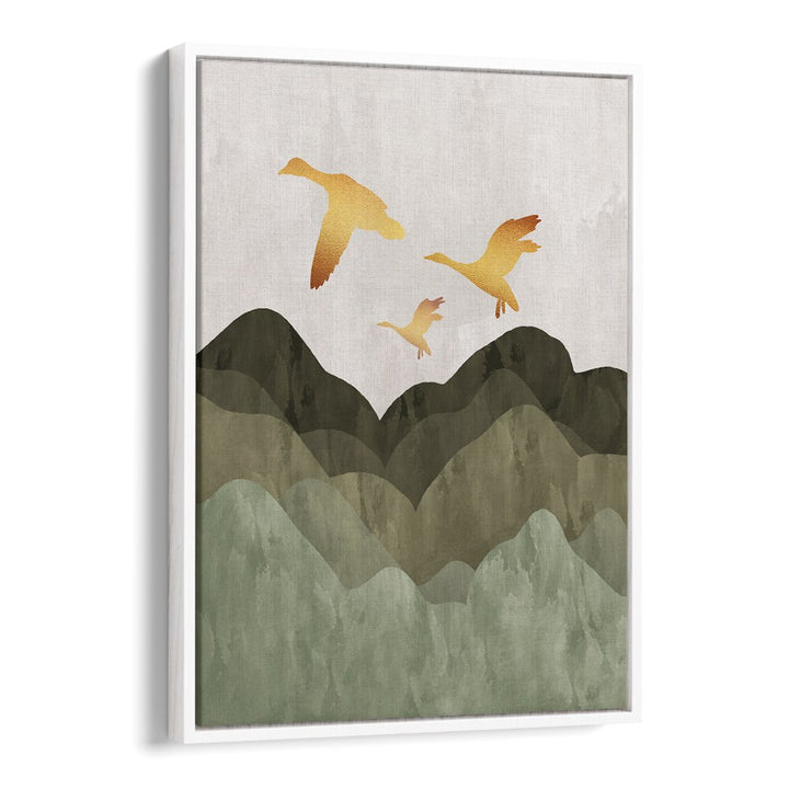 Golden birds flying over serene mountains in beautiful landscape paintings, perfect for enhancing your living space.