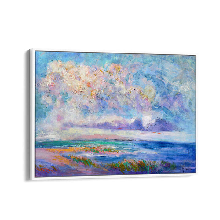 White Floater seascape in pastel tones, NATURE INSPIRED , LANDSCAPE PAINTINGS coastal shoreline with dramatic clouds
