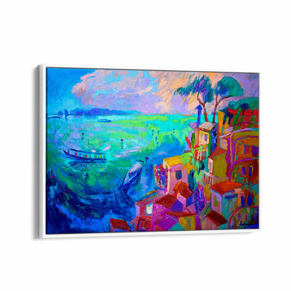 NATURE INSPIRED LANDSCAPE II , LANDSCAPE PAINTINGS, vibrant coastal village with boats in turquoise sea, White Floater