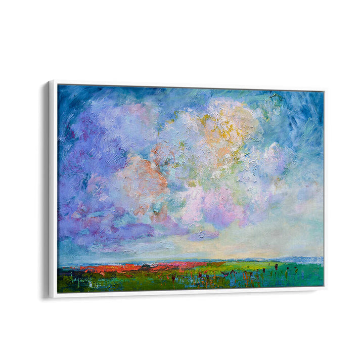 NATURE’S BEAUTY , LANDSCAPE PAINTINGS canvas with vivid pastel clouds over green coastal field, handcrafted texture