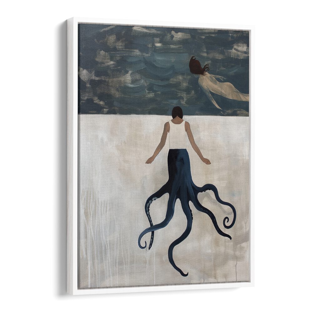 Whimsical OCTOPUS MAID , BEACH PAINTINGS artwork featuring a figure with an octopus at the shore, perfect for marine decor.