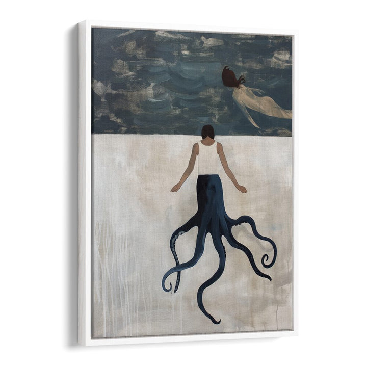 Whimsical OCTOPUS MAID , BEACH PAINTINGS artwork featuring a figure with an octopus at the shore, perfect for marine decor.